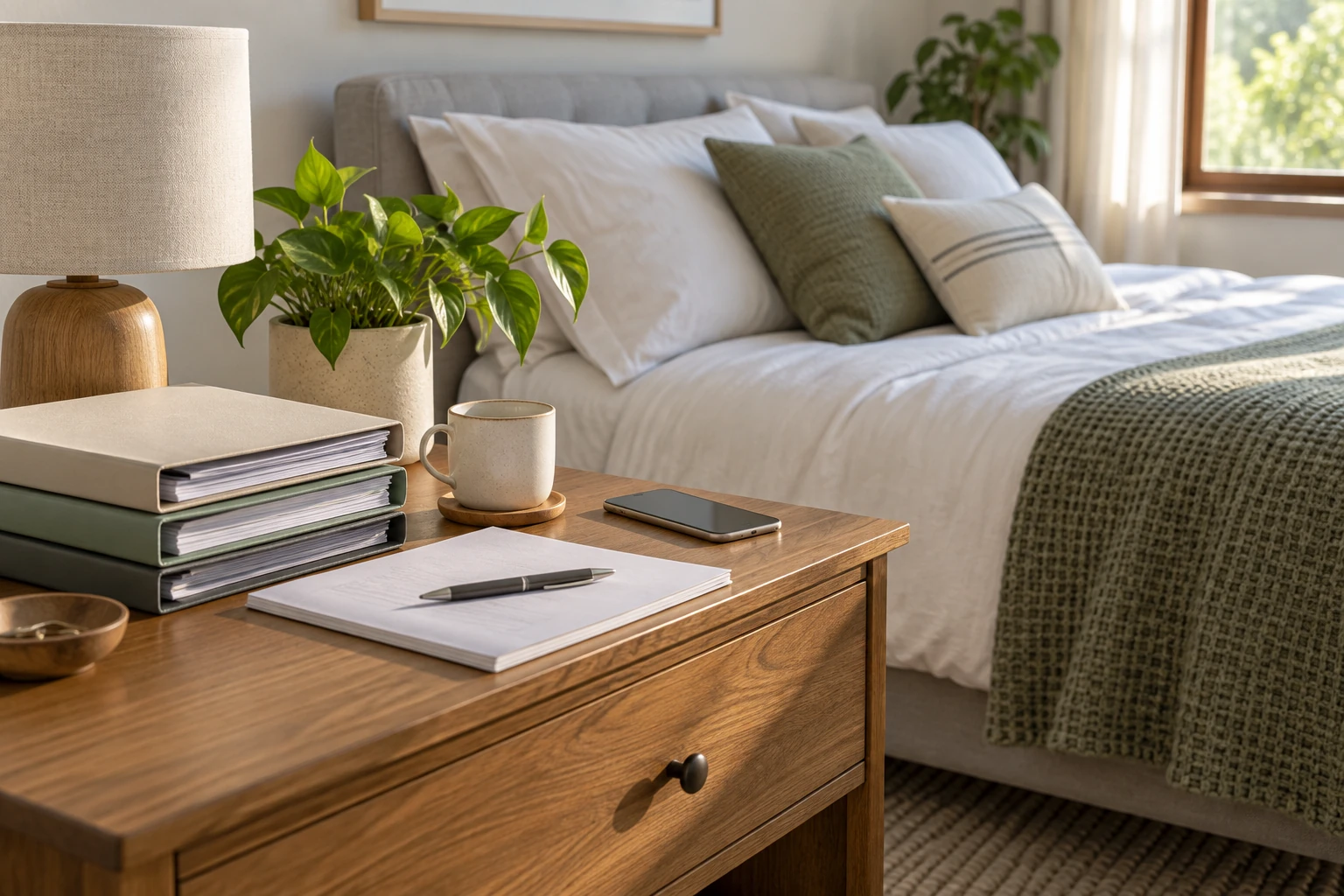 Organized mattress purchase documents and a phone beside a neatly made bed, with no readable personal information