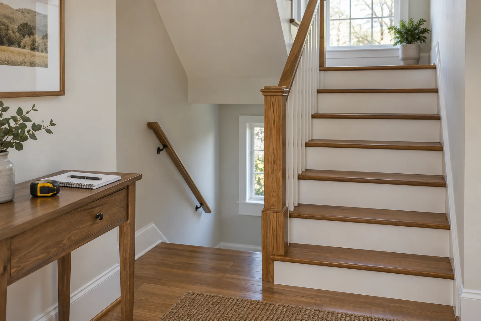Stairwell and landing with a tape measure and a notebook for bed-foundation delivery dimensions