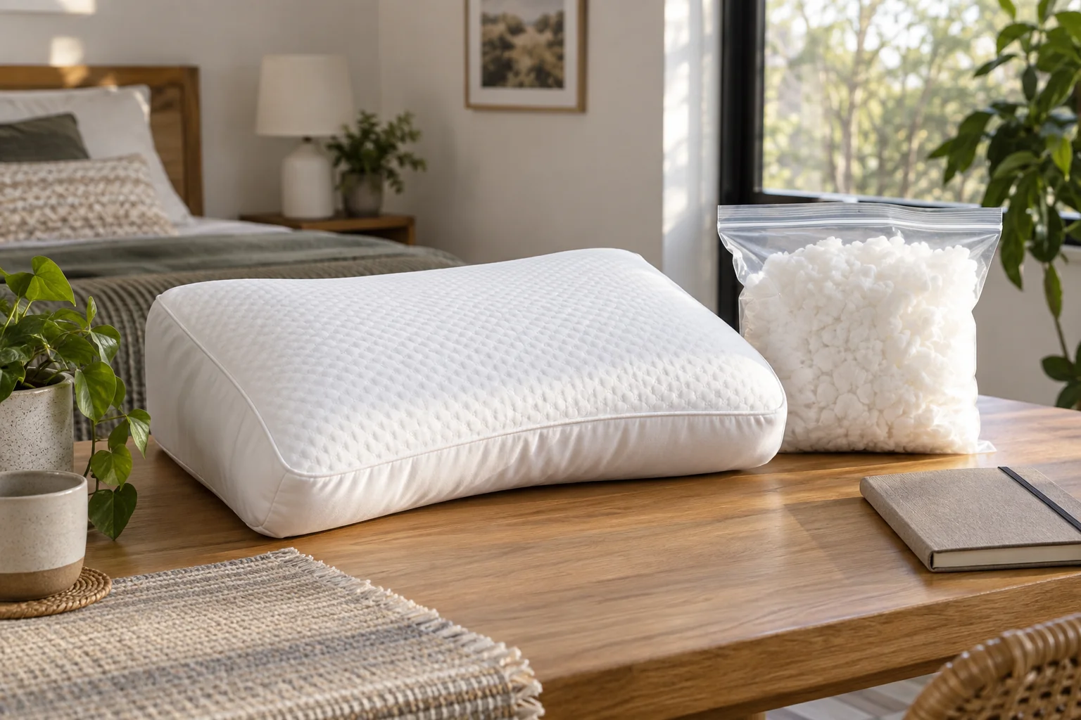 White pillow beside a sealed bag of filling and notebook
