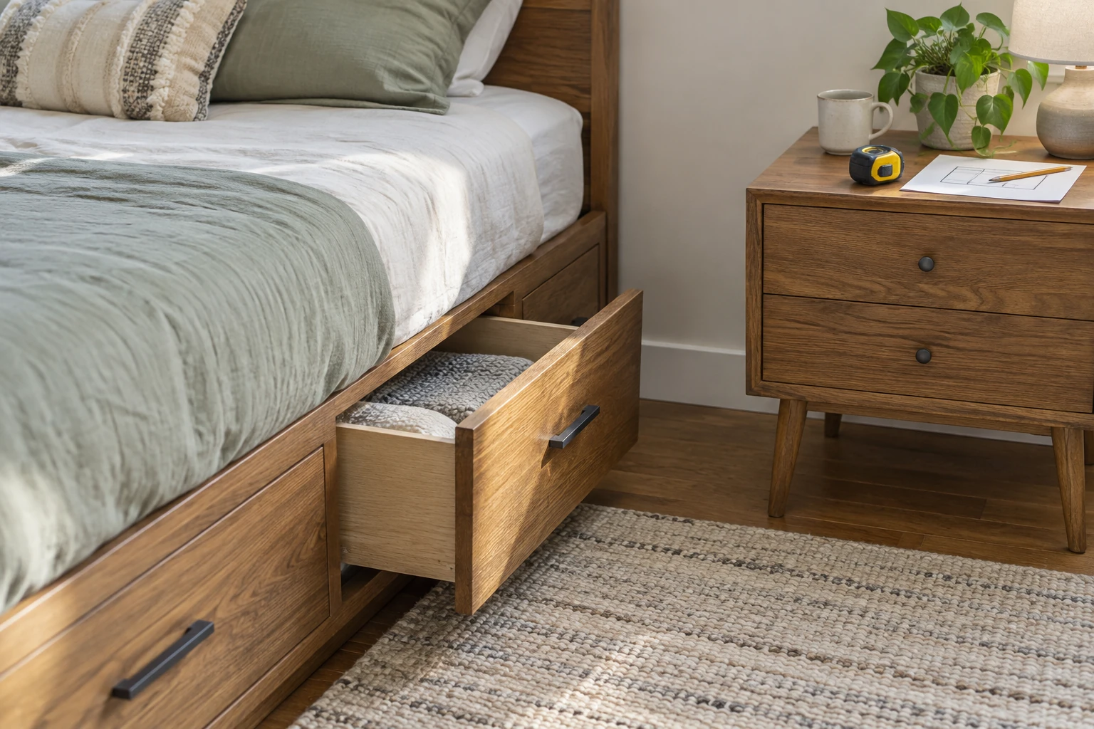 Storage-bed drawer beside a nightstand with a tape measure and a simple clearance sketch