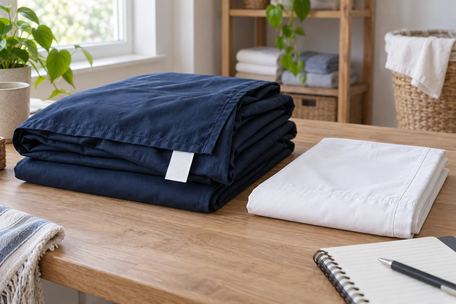 Dark bedding and a white pillowcase separated on a laundry table