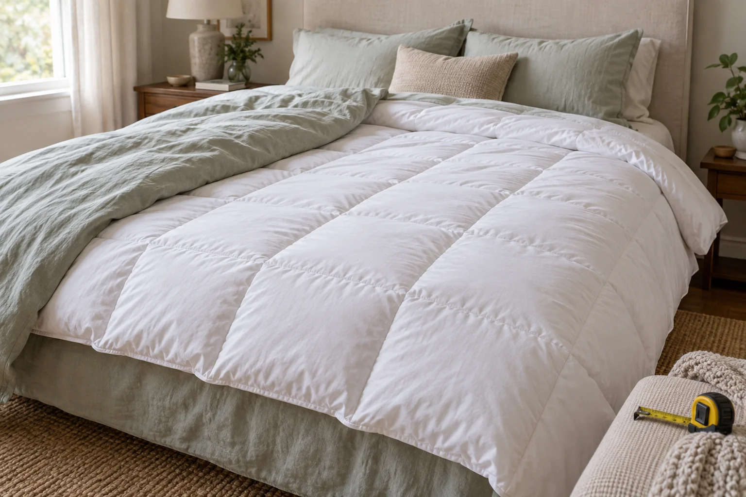 White duvet insert with pale bedding folded back on a bed