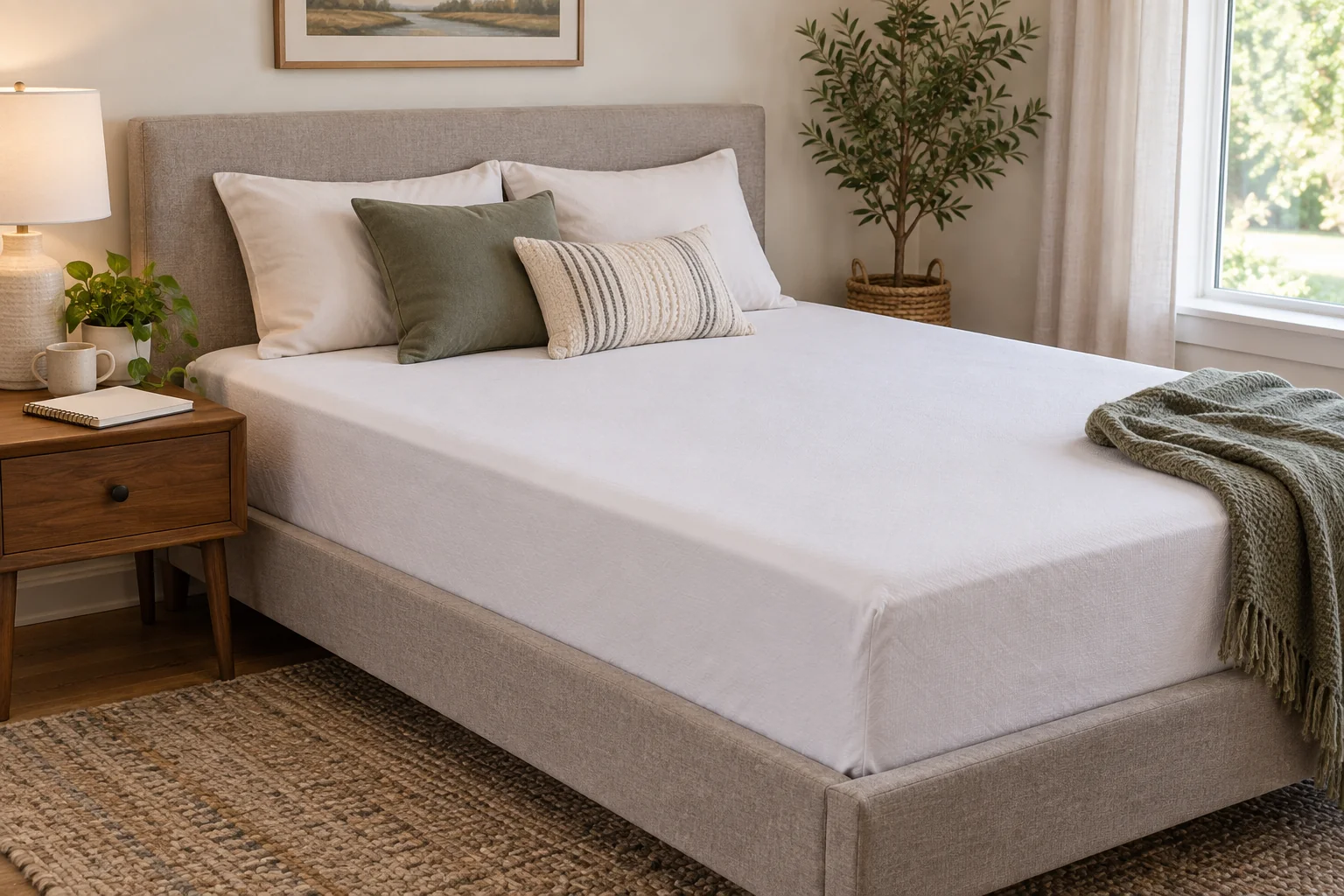 Covered mattress resting flat on a bed beside a blank notebook