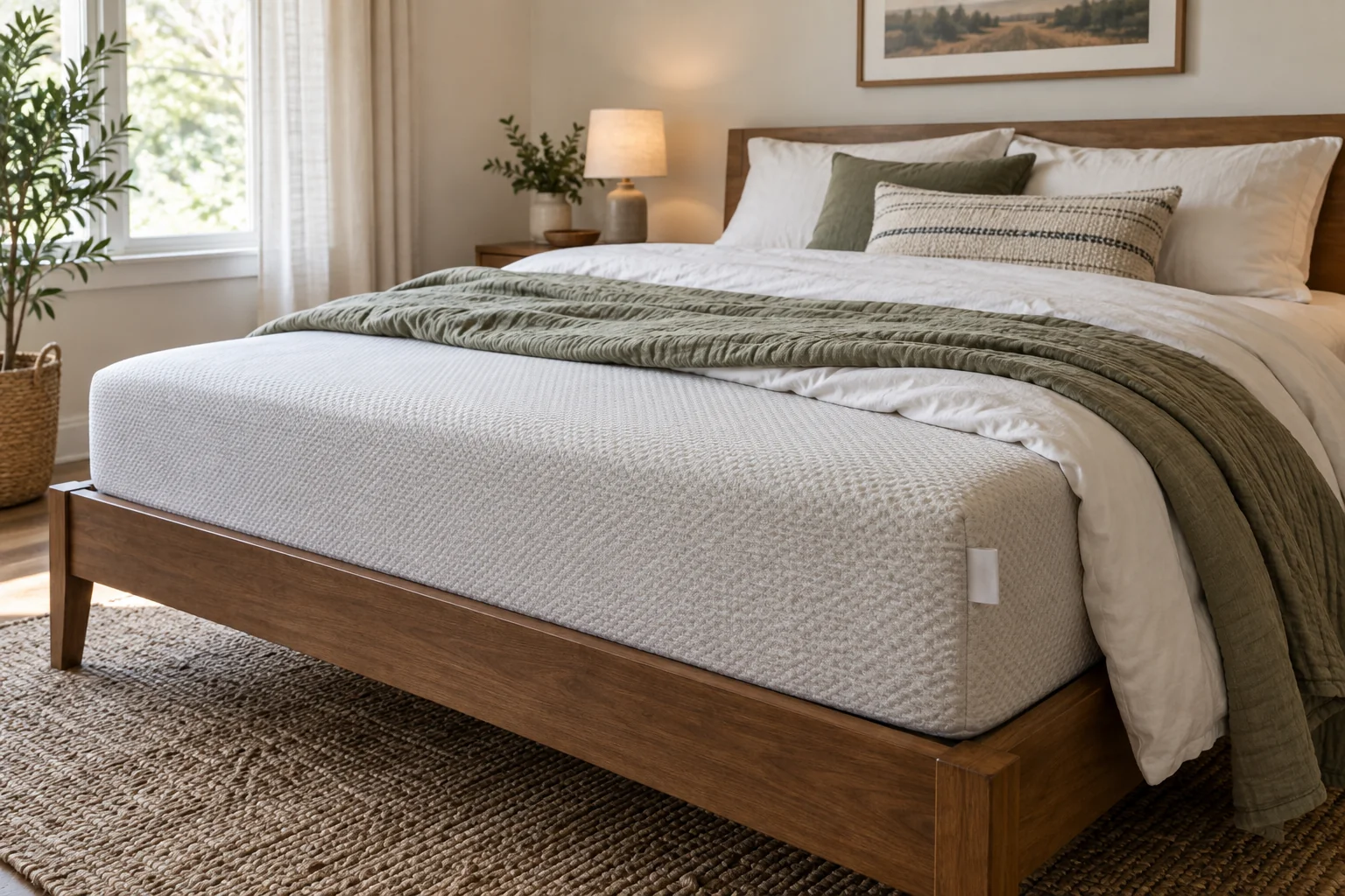 Intact covered mattress with folded bedding and a blank external fabric tag