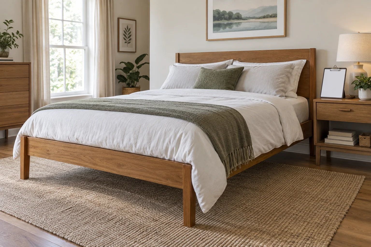 Wooden bed frame with a mattress beside a table holding a blank clipboard
