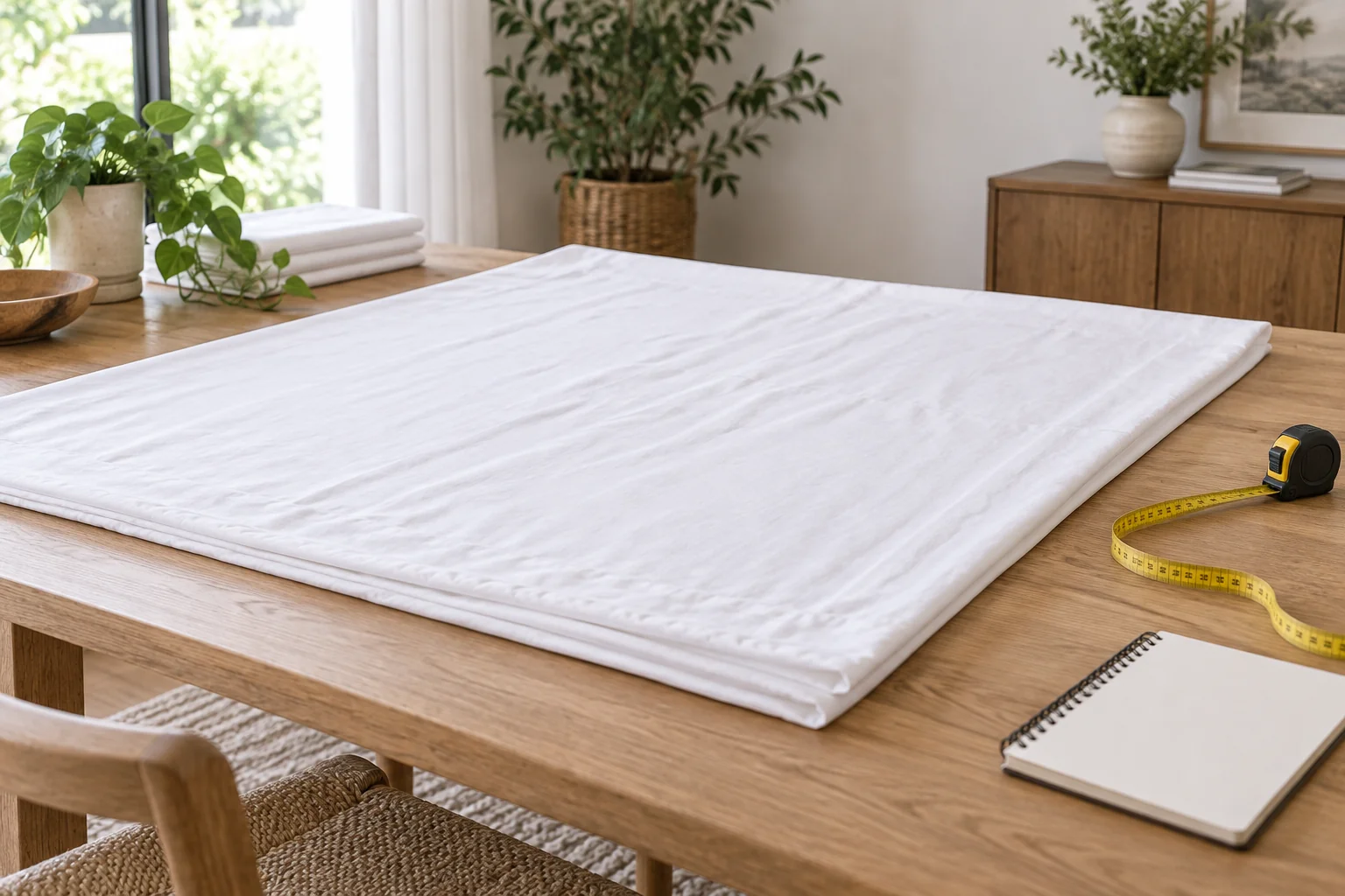 White bedding on a broad table beside a measuring tape and notebook