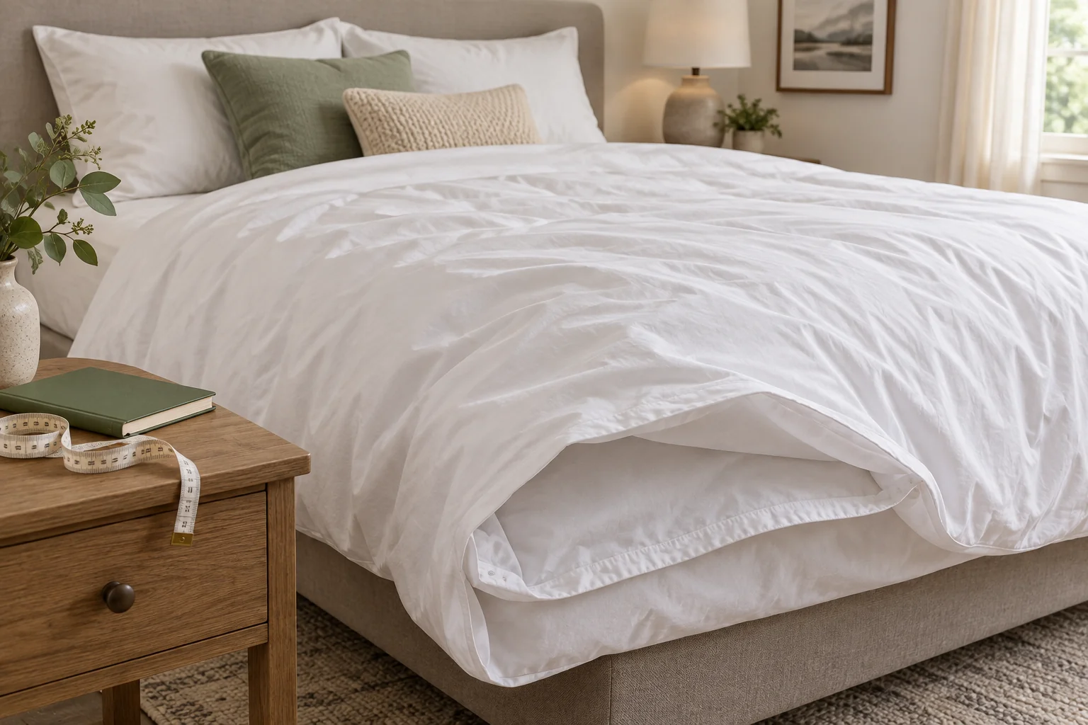 White duvet cover with its bottom opening visible on a bed