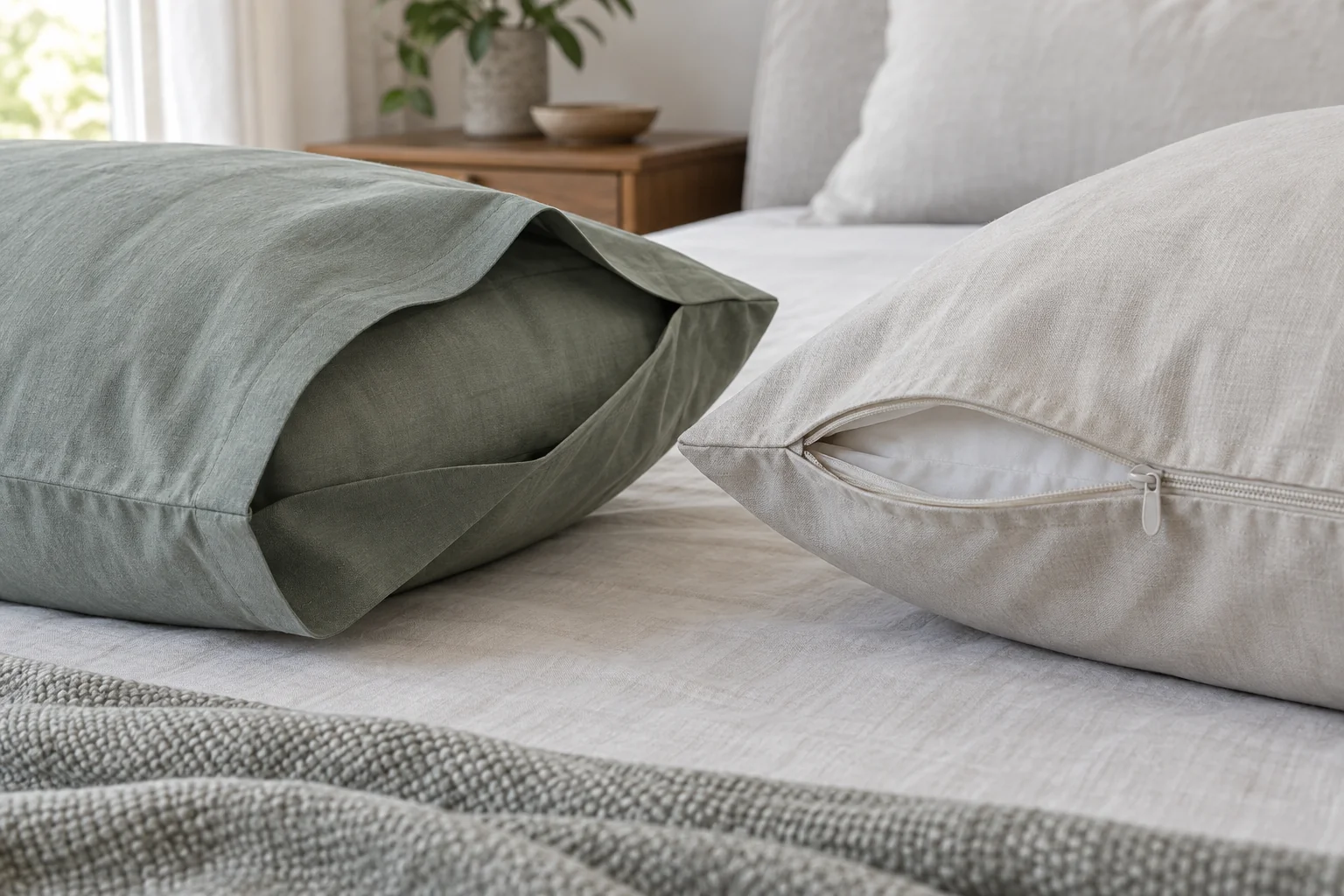 Pillowcase envelope flap and partly open zipper on a bed