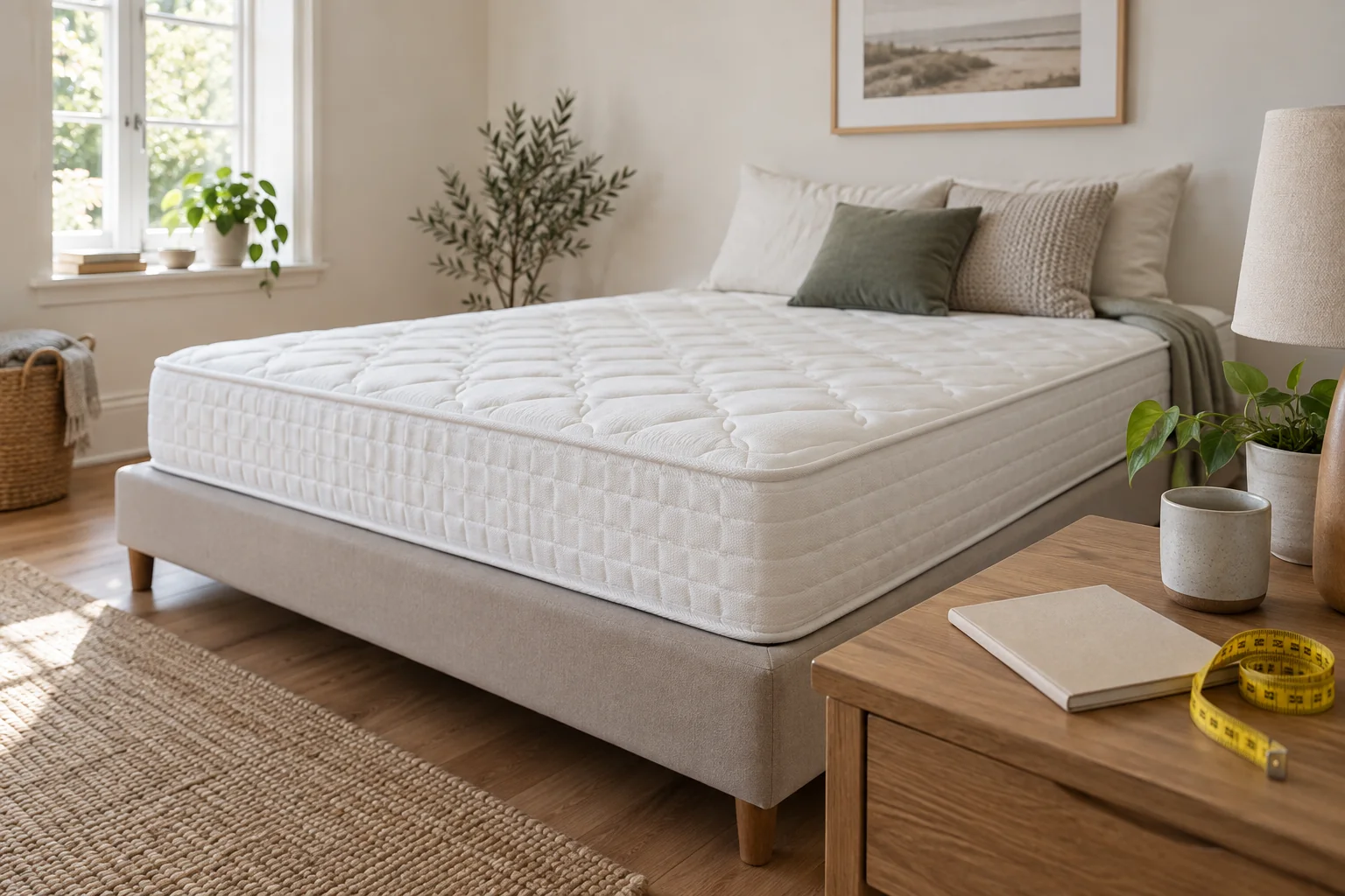 Unmade mattress beside a notebook and measuring tape in a neutral bedroom