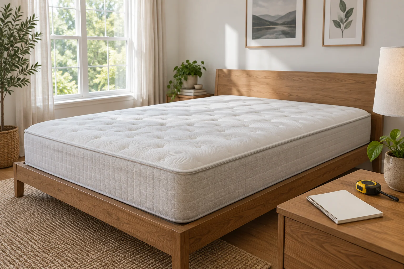 Unwrapped mattress on a bed platform with a tape measure on a bedside table
