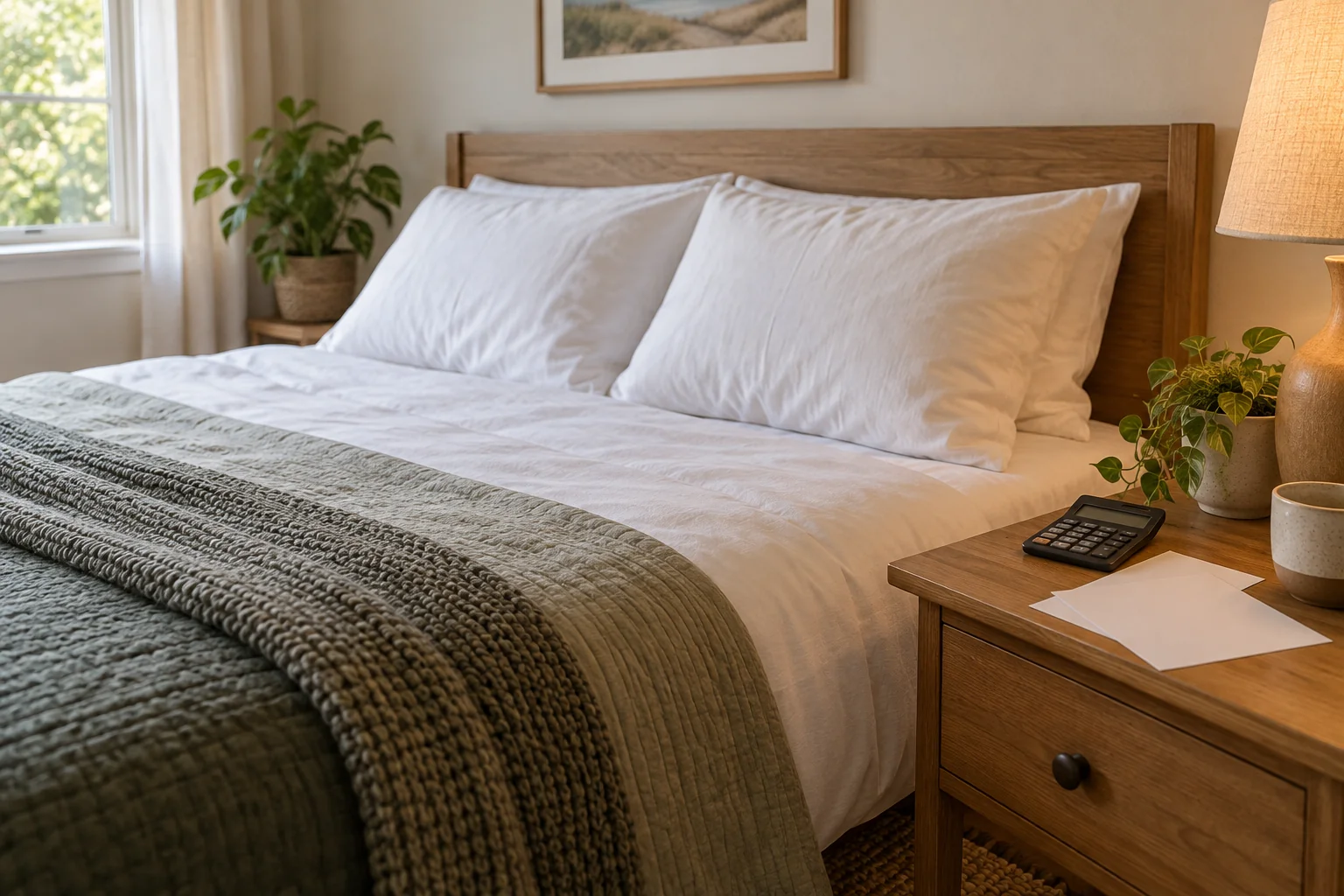 Made bed beside blank documents and a calculator on a bedside table