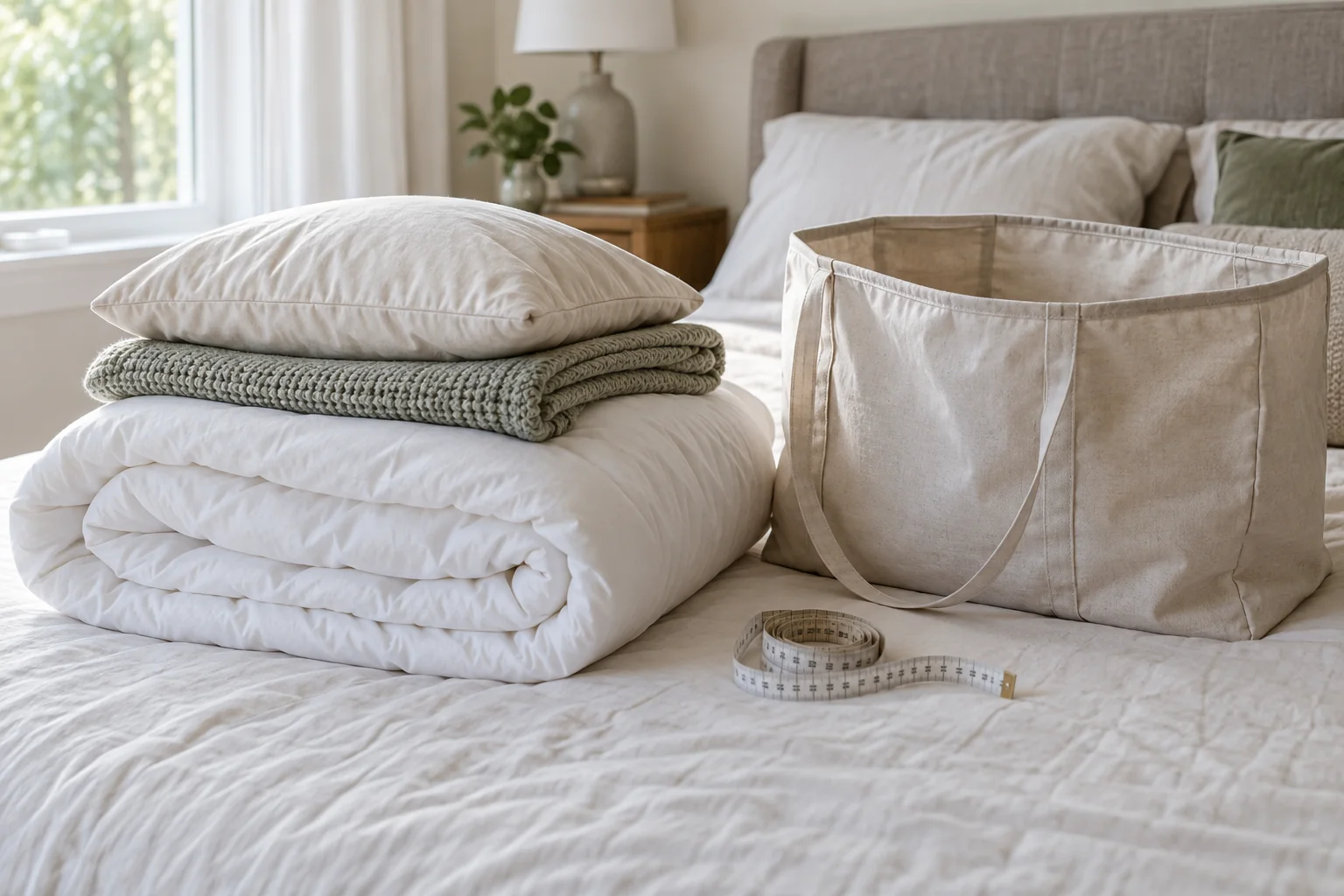 Folded bedding beside an open fabric storage bag and a tape measure