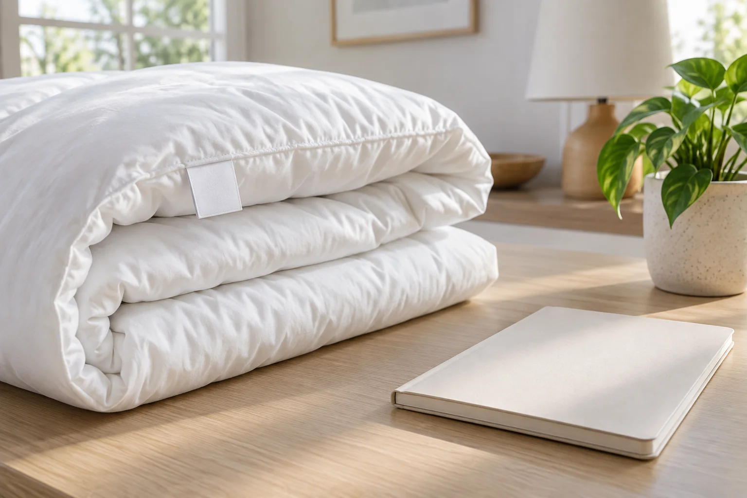 Folded white duvet with a blank sewn tag beside a notebook