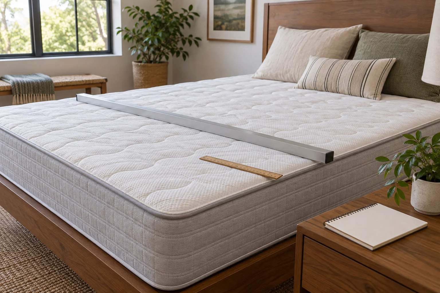Straightedge across a mattress with its cover intact and a ruler nearby