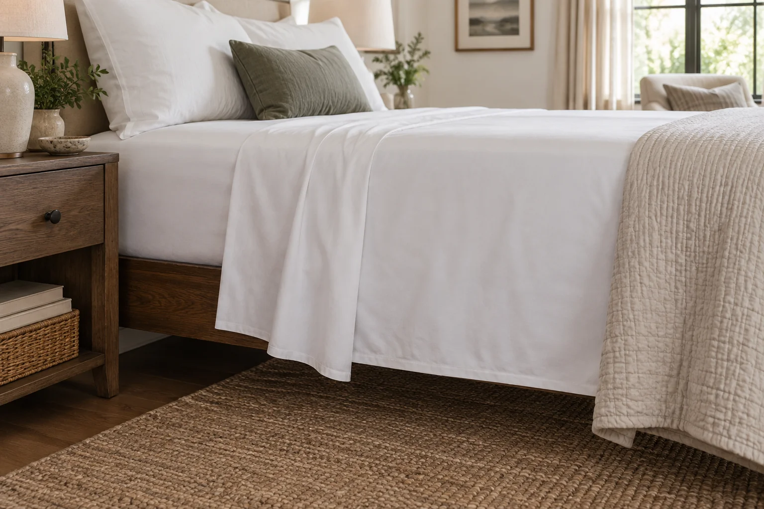 White flat sheet hanging down the side of a tall bed