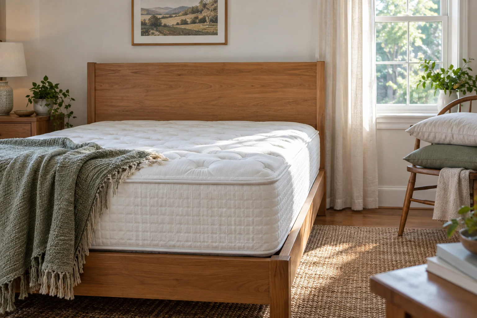 Simple wooden headboard visible above a thick mattress with pillows set aside