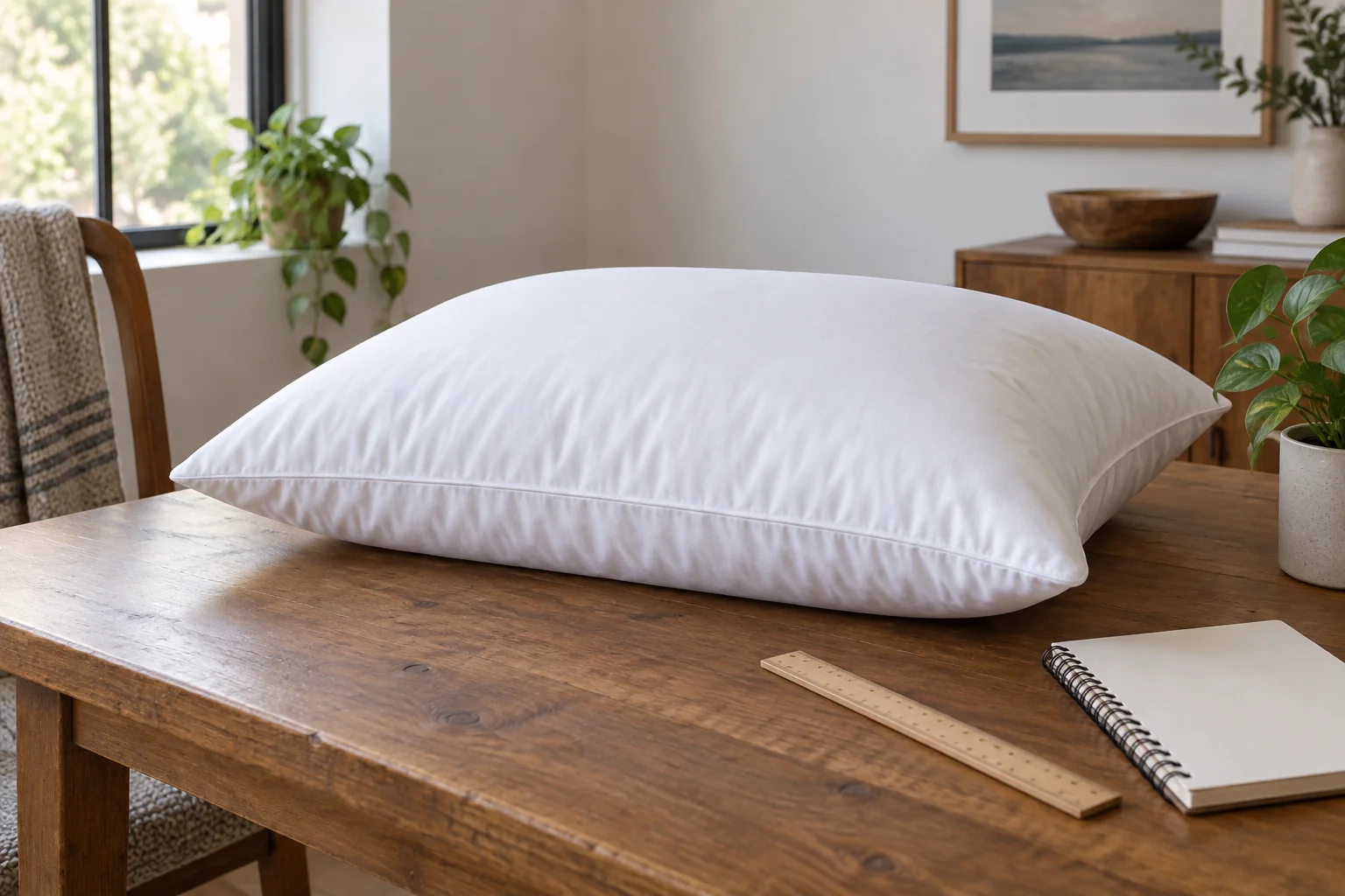 White pillow on a table beside a ruler and blank notebook
