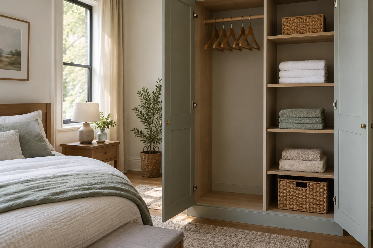 Open guest cupboard with an empty hanging area and neatly folded towels