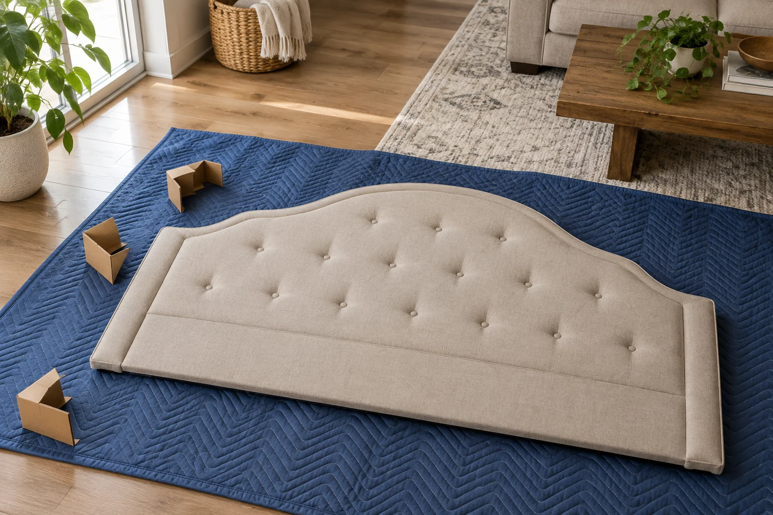 Upholstered headboard lying flat on clean moving blankets with separate cardboard corner protectors nearby