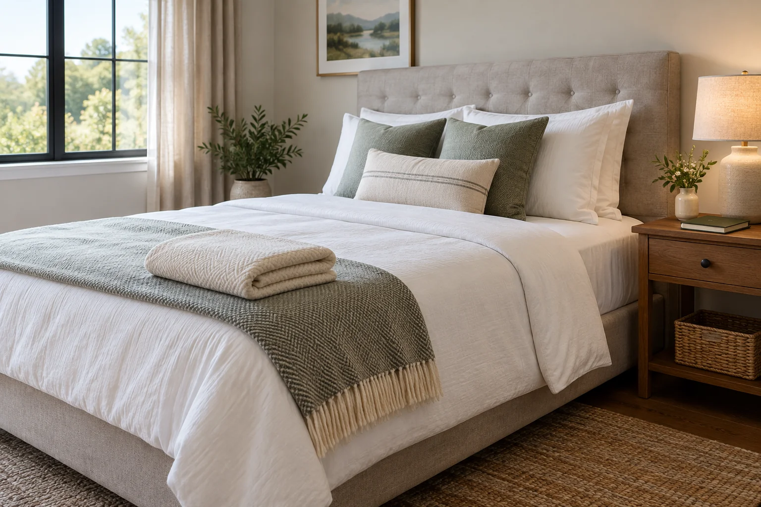 Made guest bed with folded bedding and a notebook nearby