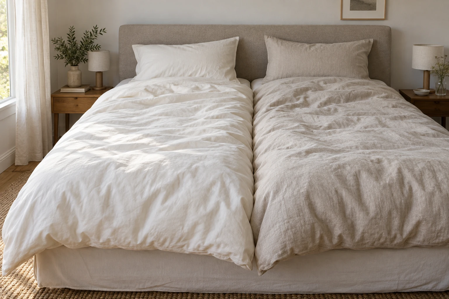 Shared bed with two separate softly folded duvets in individual neutral covers