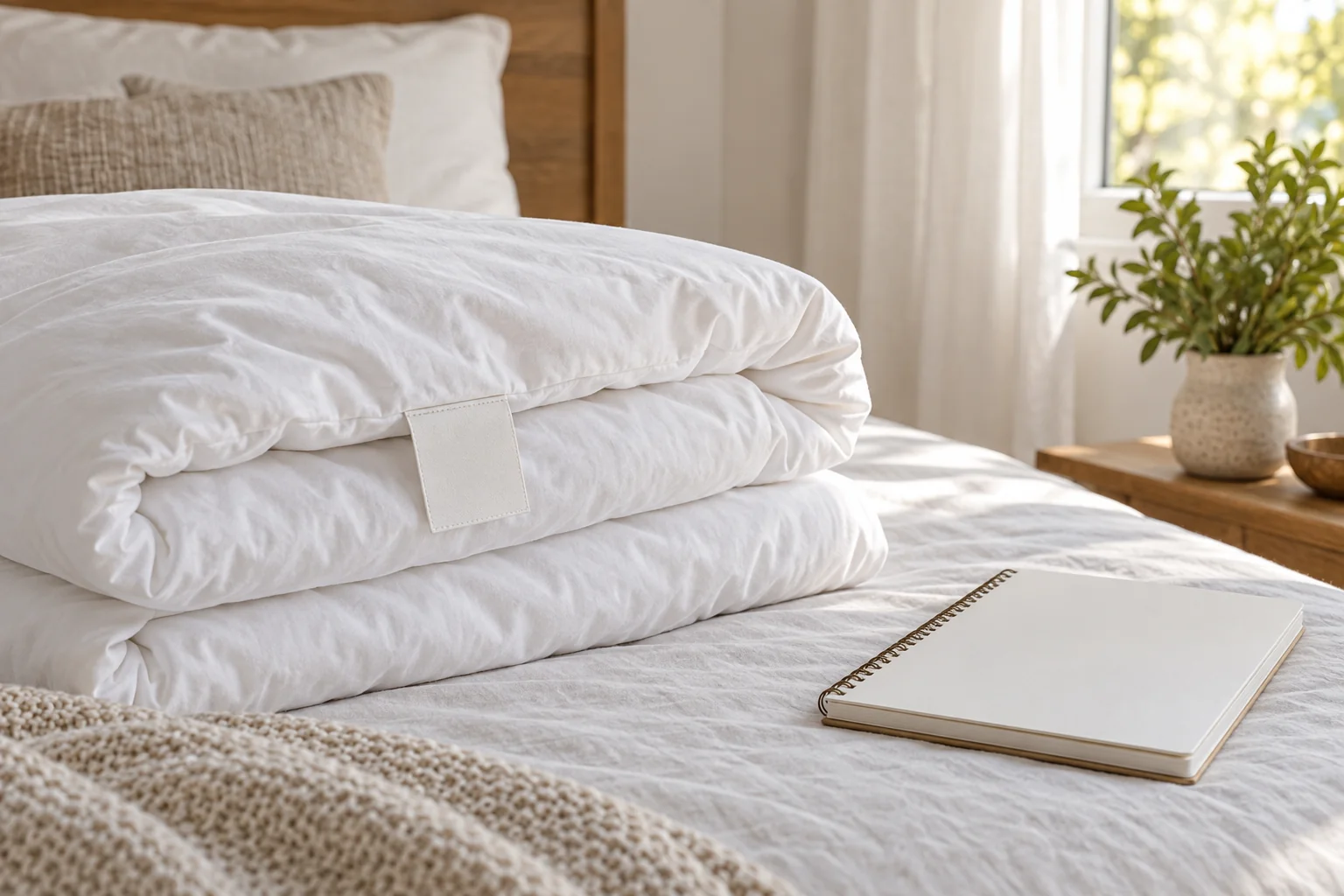 Folded white bedding with a blank fabric label beside a notebook