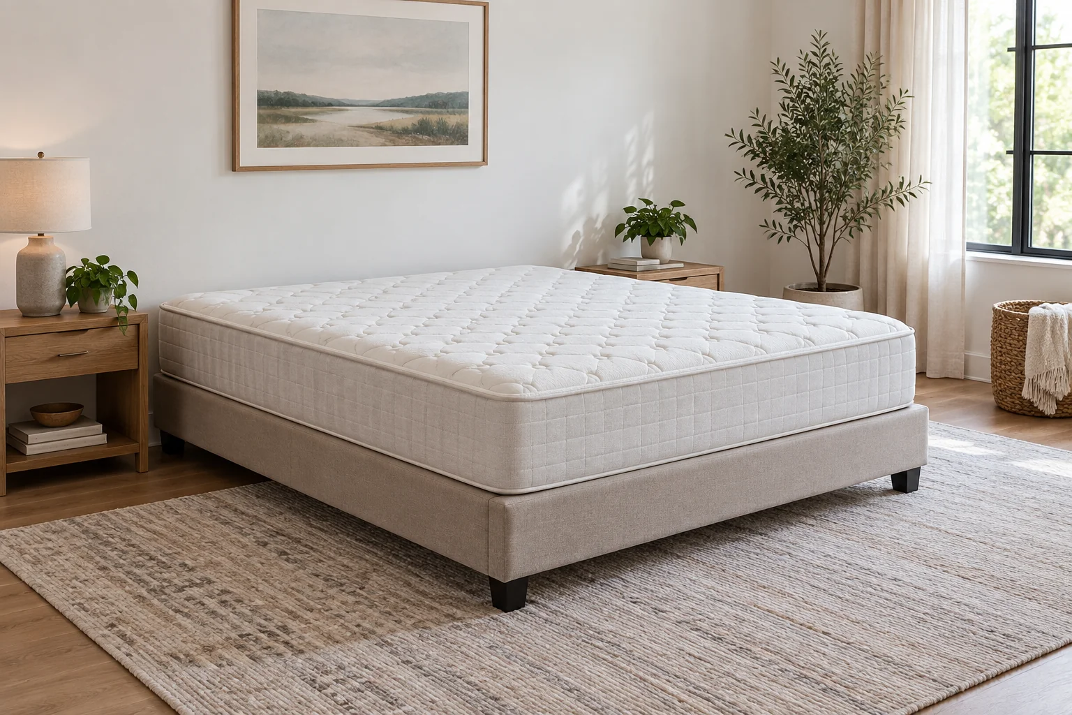 Full mattress lying flat on a bed foundation in a clean spare room